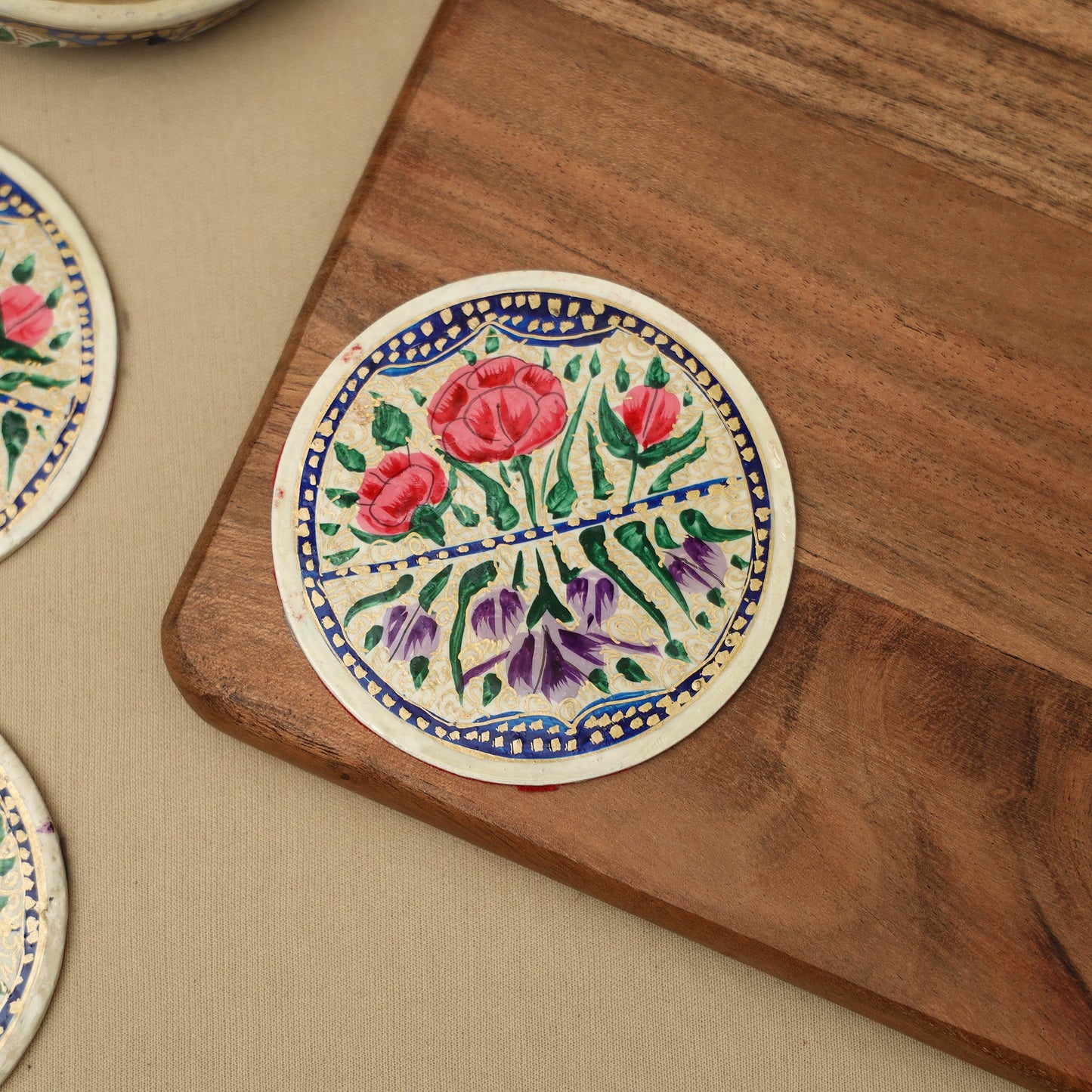 Beige - handpainted paper mache coaster with box (set of 6)