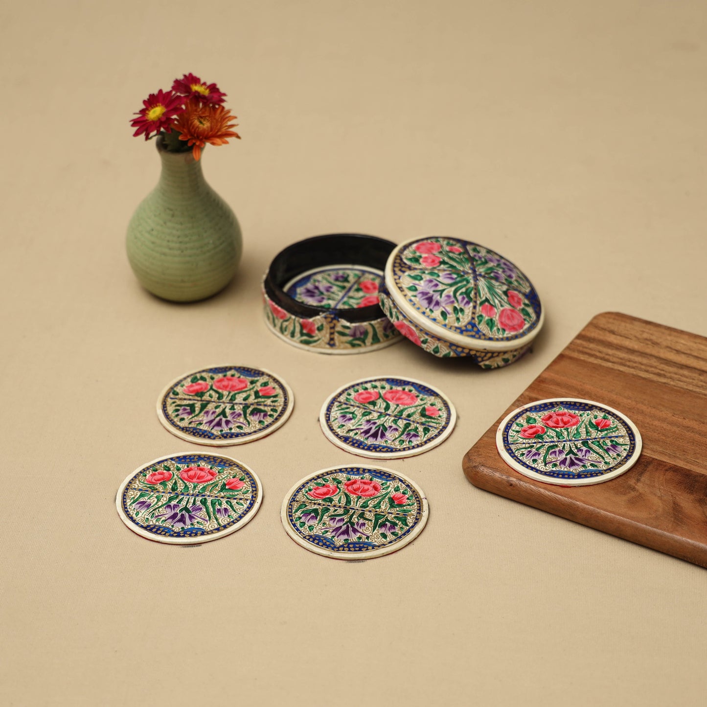 Beige - handpainted paper mache coaster with box (set of 6)