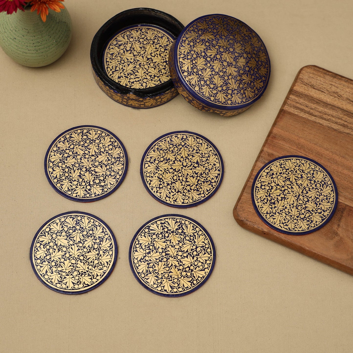 Beige - handpainted paper mache coaster with box (set of 6)