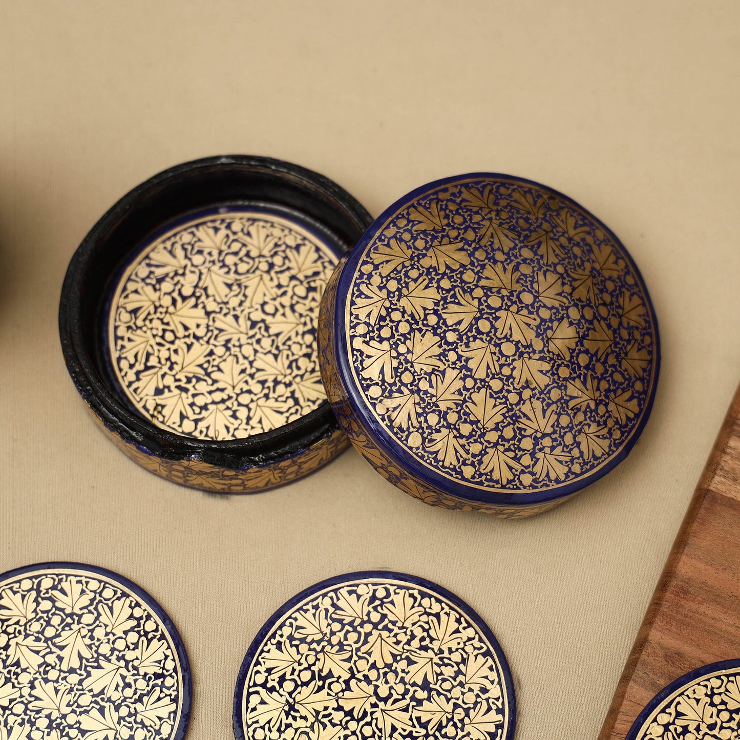 Beige - handpainted paper mache coaster with box (set of 6)