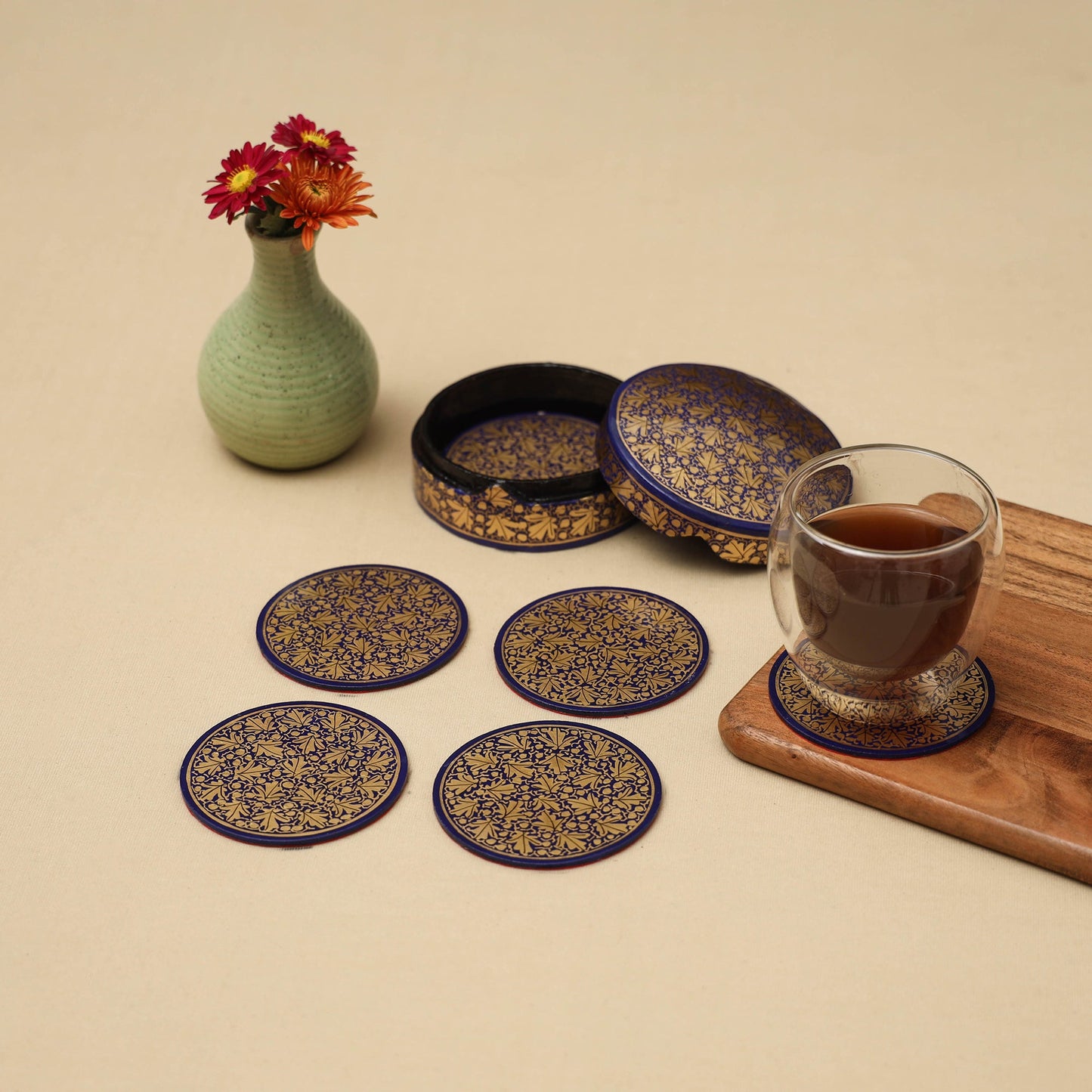 Beige - handpainted paper mache coaster with box (set of 6)