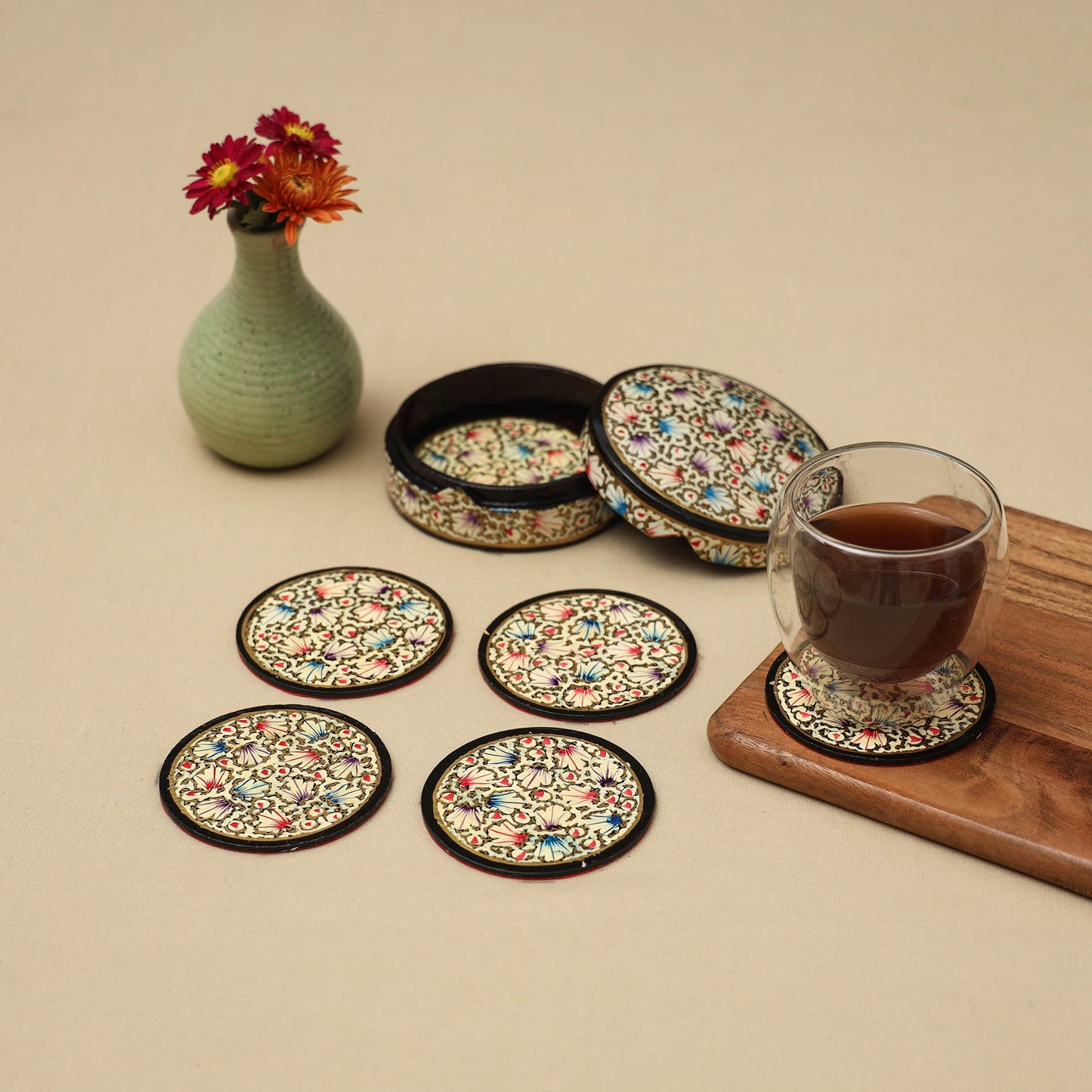 Beige - handpainted paper mache coaster with box (set of 6)