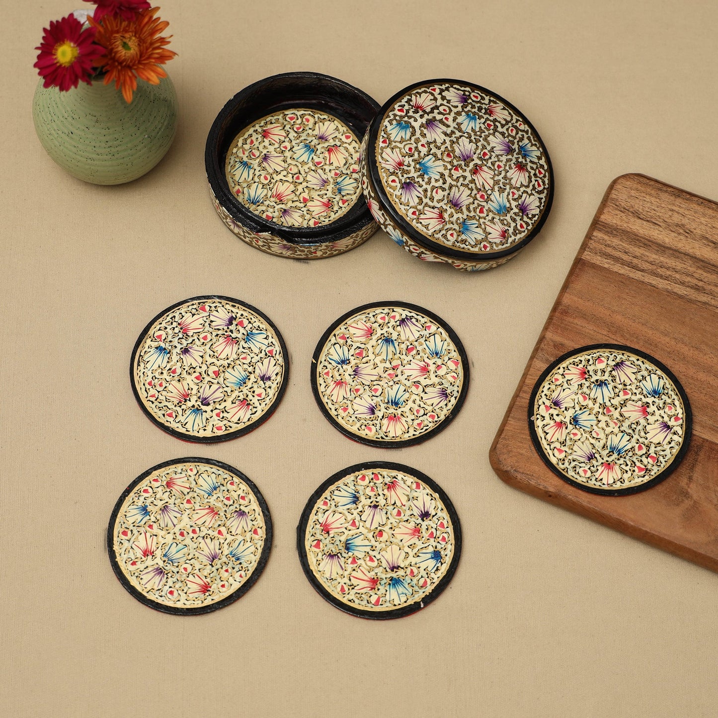 Beige - handpainted paper mache coaster with box (set of 6)