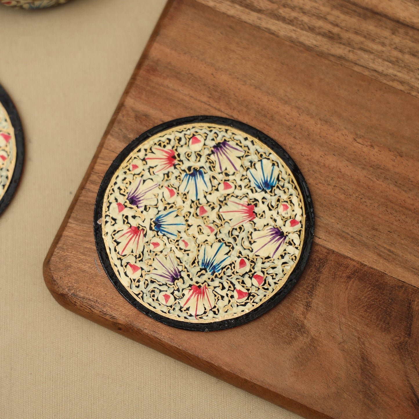 Beige - handpainted paper mache coaster with box (set of 6)