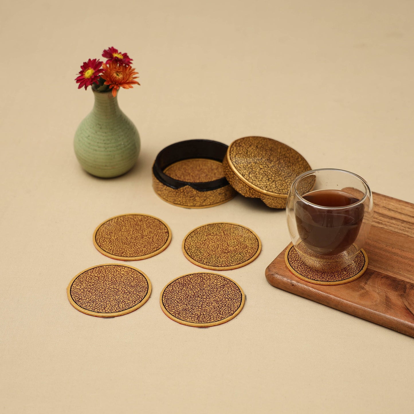 Beige - handpainted paper mache coaster with box (set of 6)