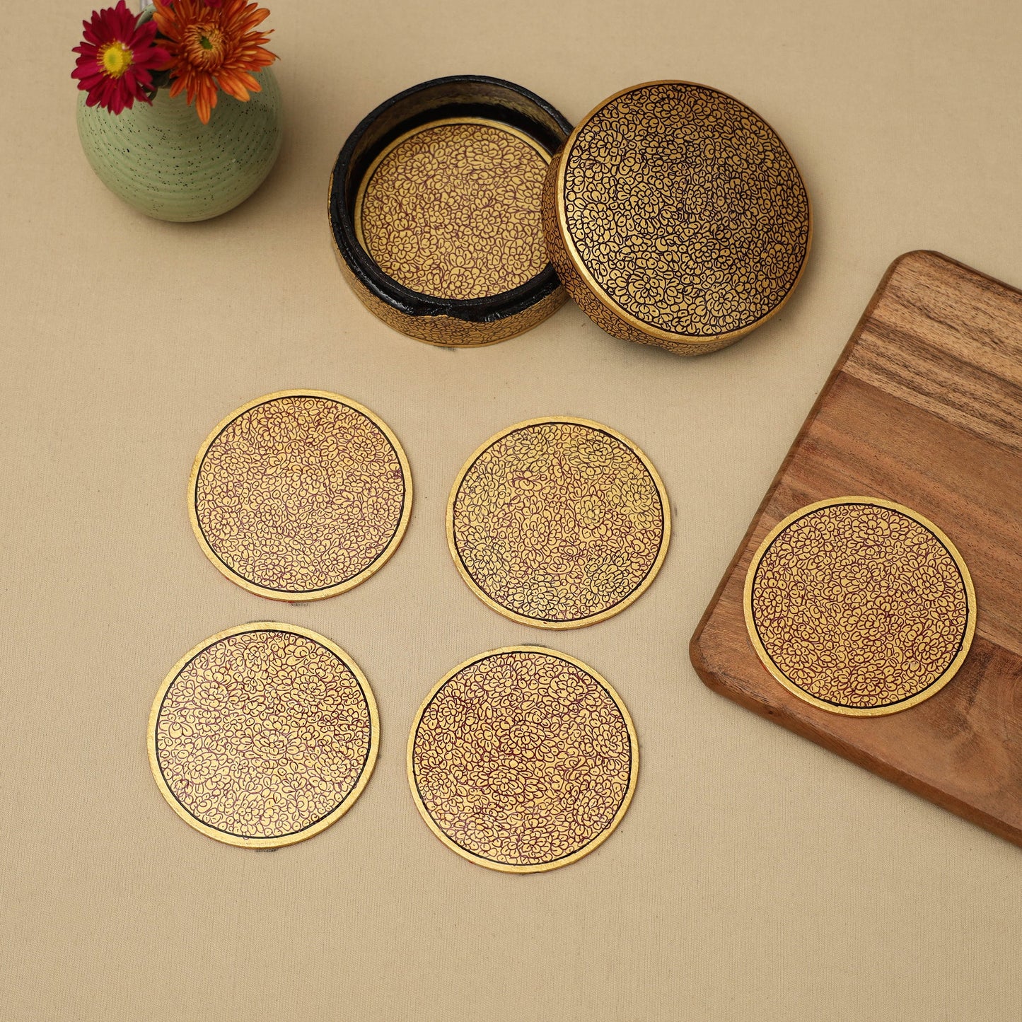 Beige - handpainted paper mache coaster with box (set of 6)