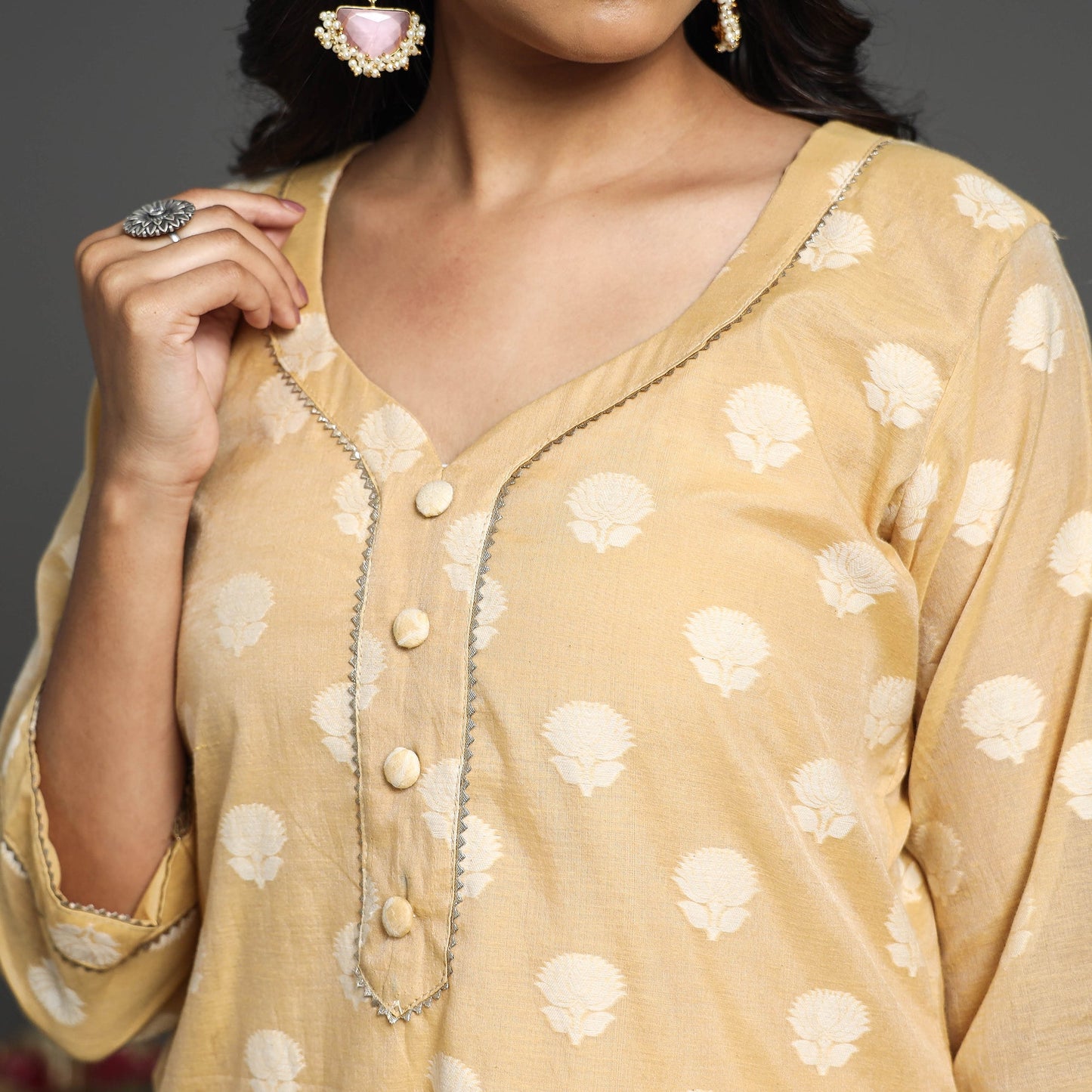 Beige Handwoven Cutwork Cotton Banarasi Kurta Online