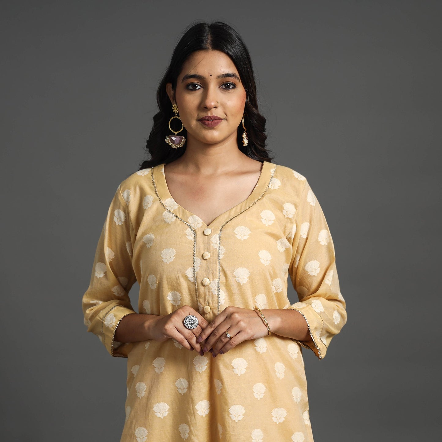  Beige Handwoven Cutwork Cotton Banarasi Kurta Online