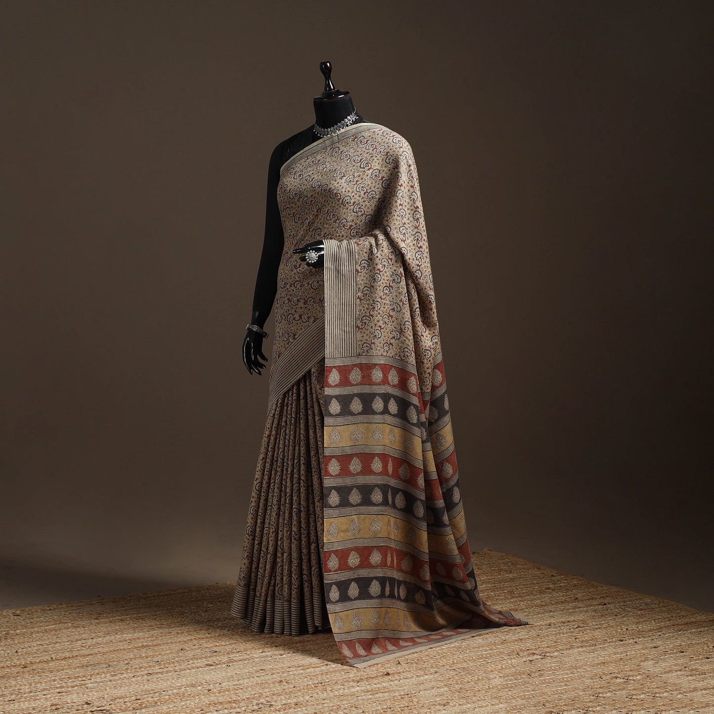 Handwoven natural dyed pedana merino wool kalamkari saree