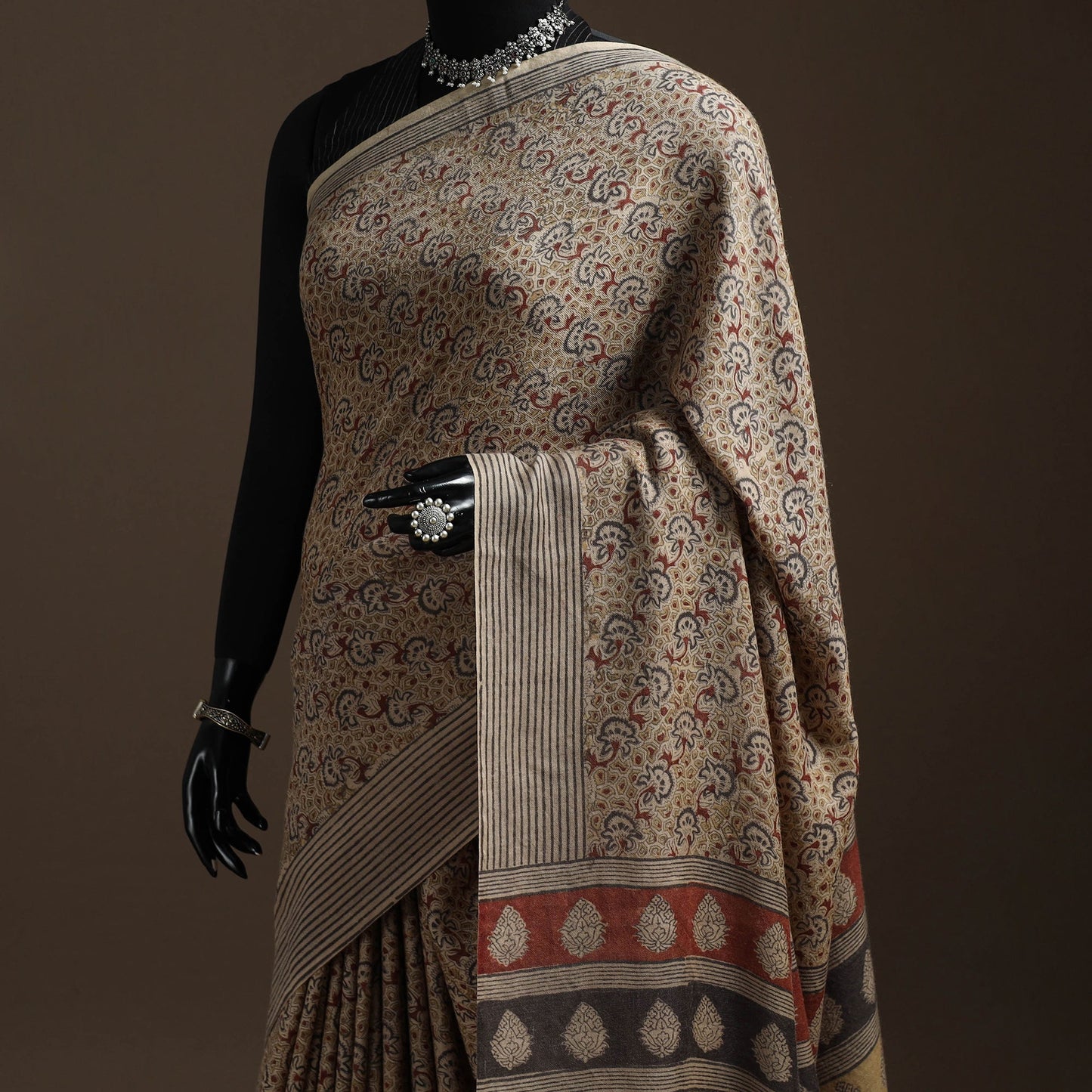 Handwoven natural dyed pedana merino wool kalamkari saree