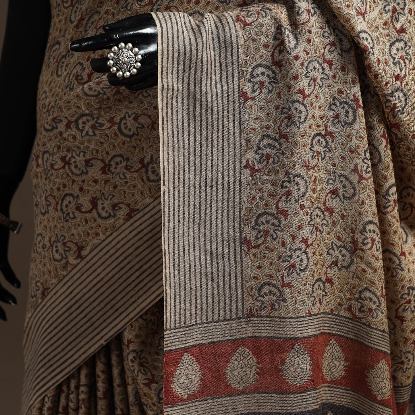 Handwoven natural dyed pedana merino wool kalamkari saree