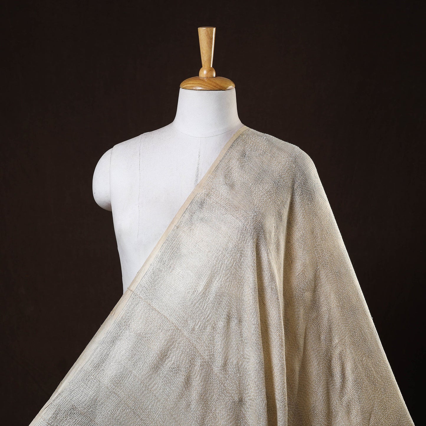 Beige - handwoven pure tussar silk kantha work fabric 01