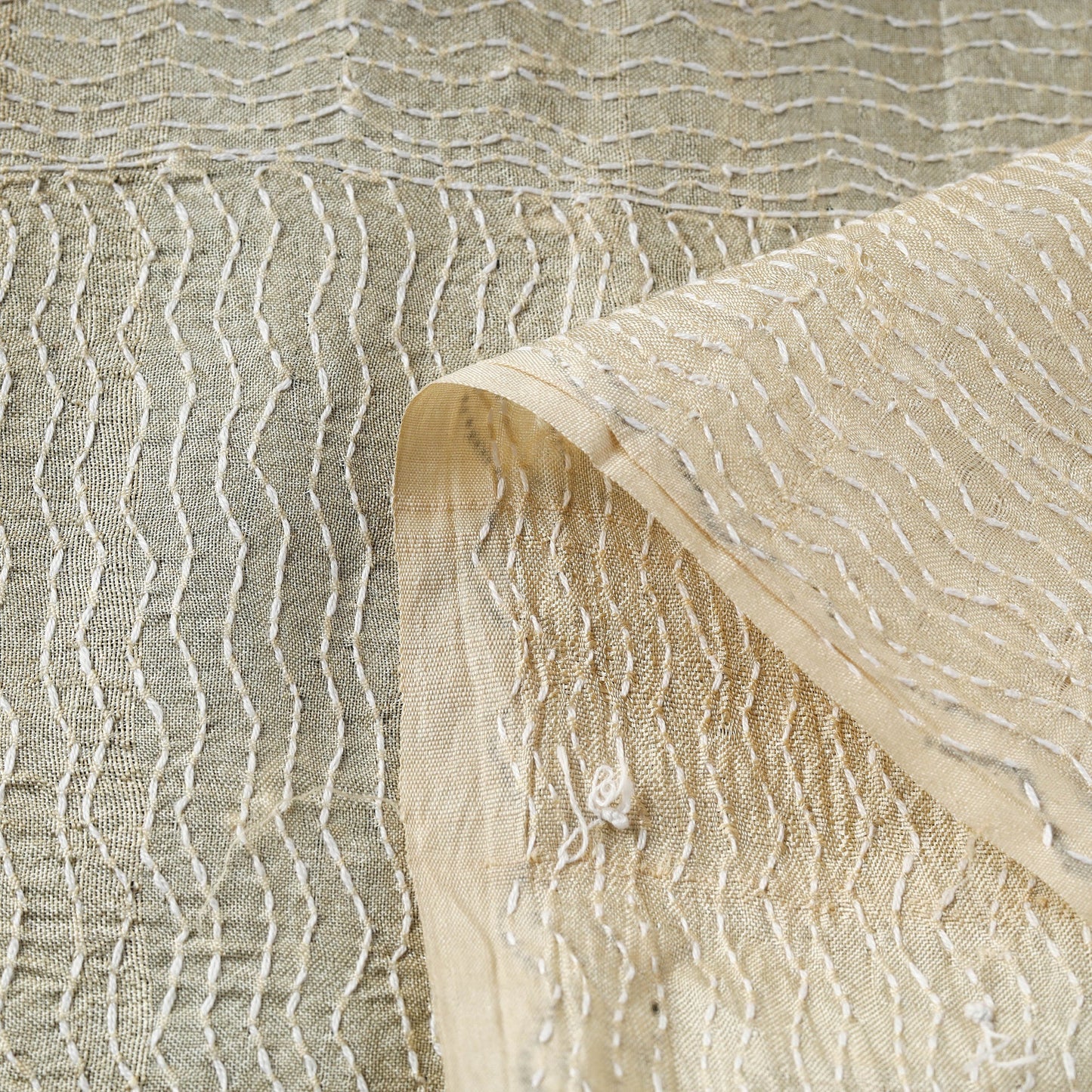 Beige - handwoven pure tussar silk kantha work fabric 03
