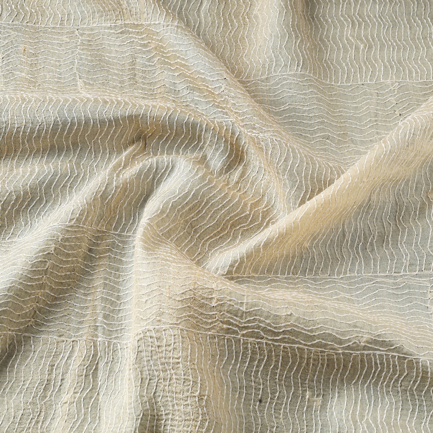 Beige - handwoven pure tussar silk kantha work fabric 03