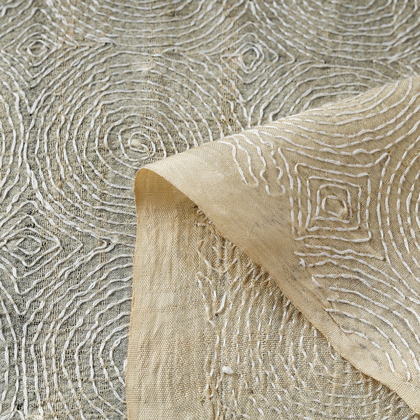 Beige - handwoven pure tussar silk kantha work fabric 04