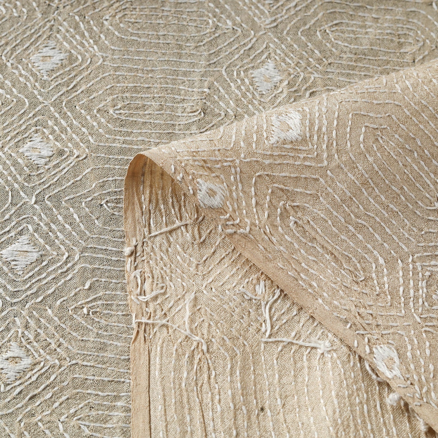 Beige - handwoven pure tussar silk kantha work fabric 05