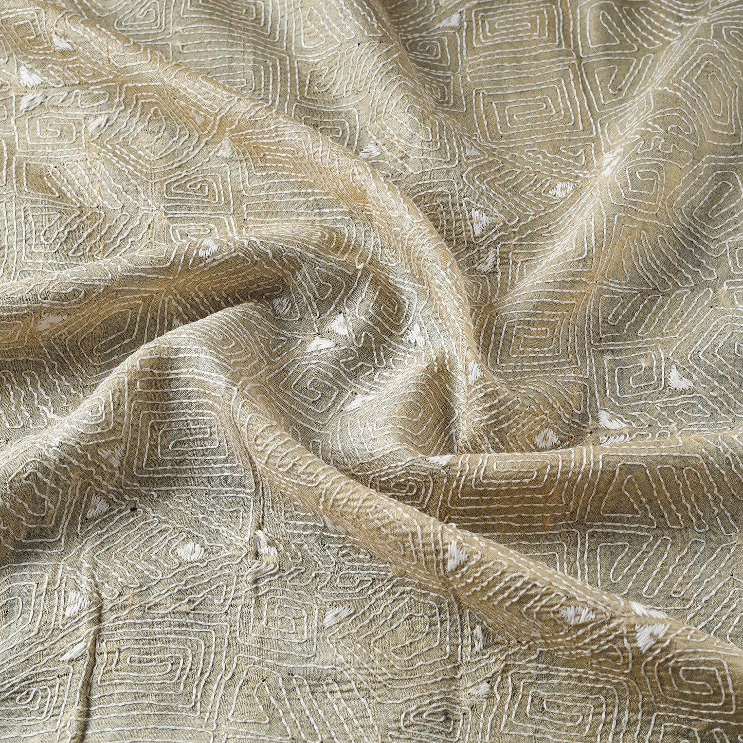 Beige - handwoven pure tussar silk kantha work fabric 06