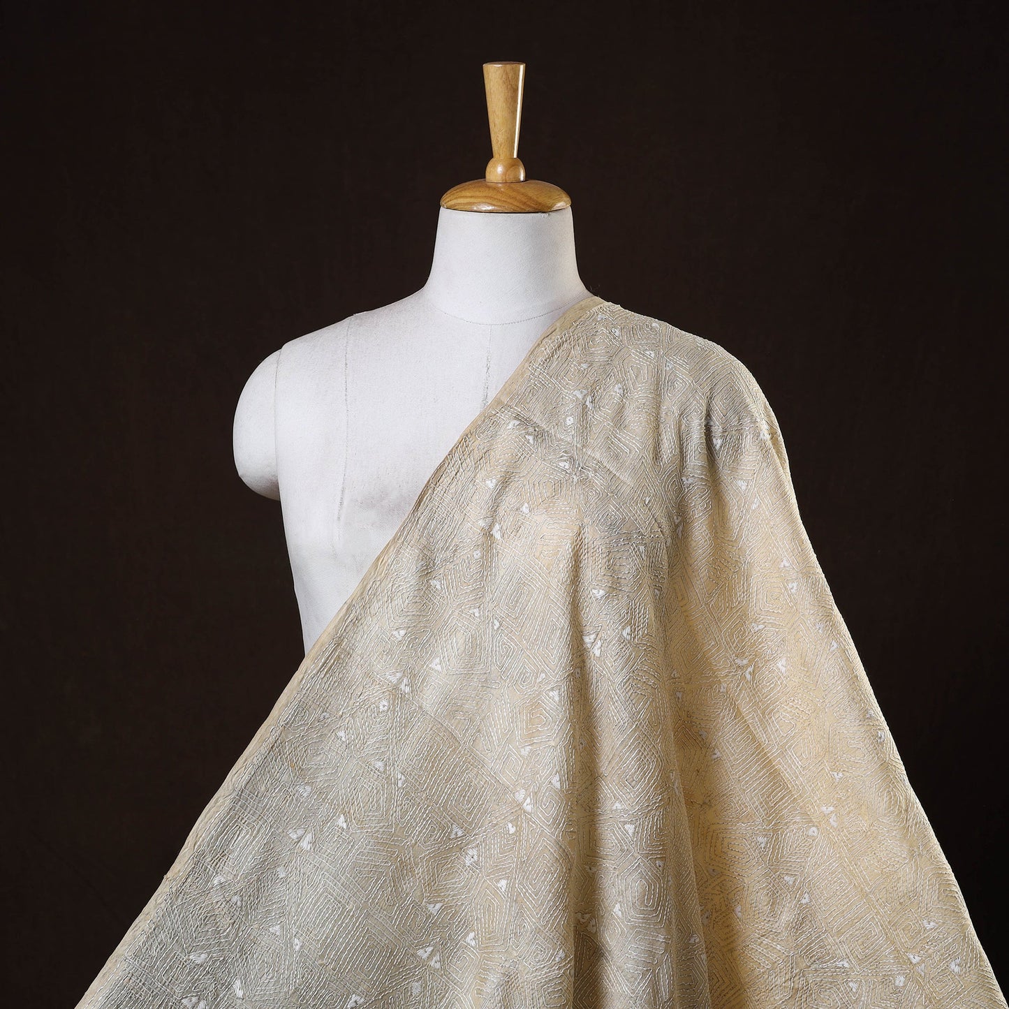 Beige - handwoven pure tussar silk kantha work fabric 06