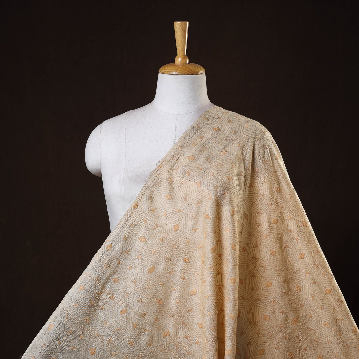 Beige - handwoven pure tussar silk kantha work fabric 07