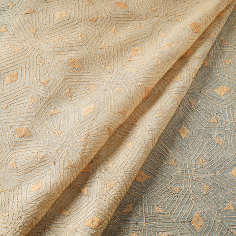 Beige - handwoven pure tussar silk kantha work fabric 07