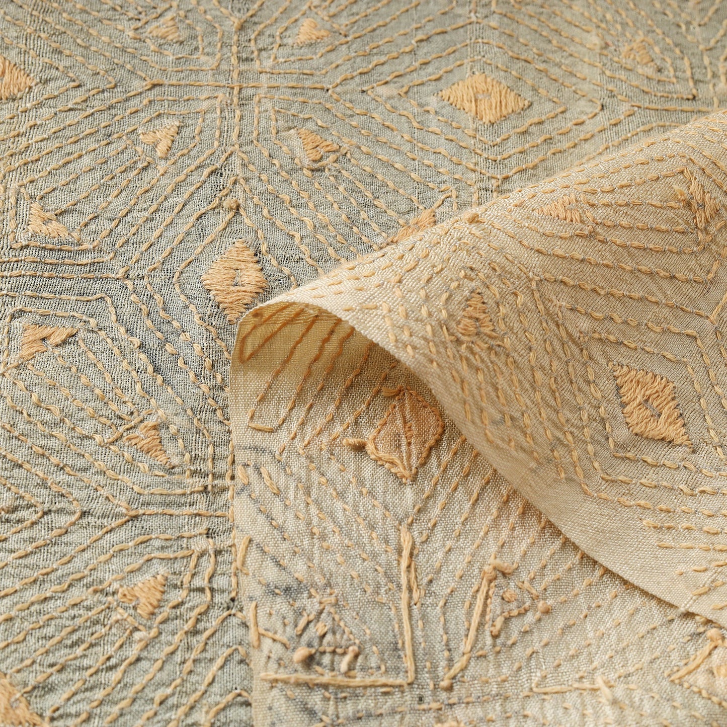 Beige - handwoven pure tussar silk kantha work fabric 07