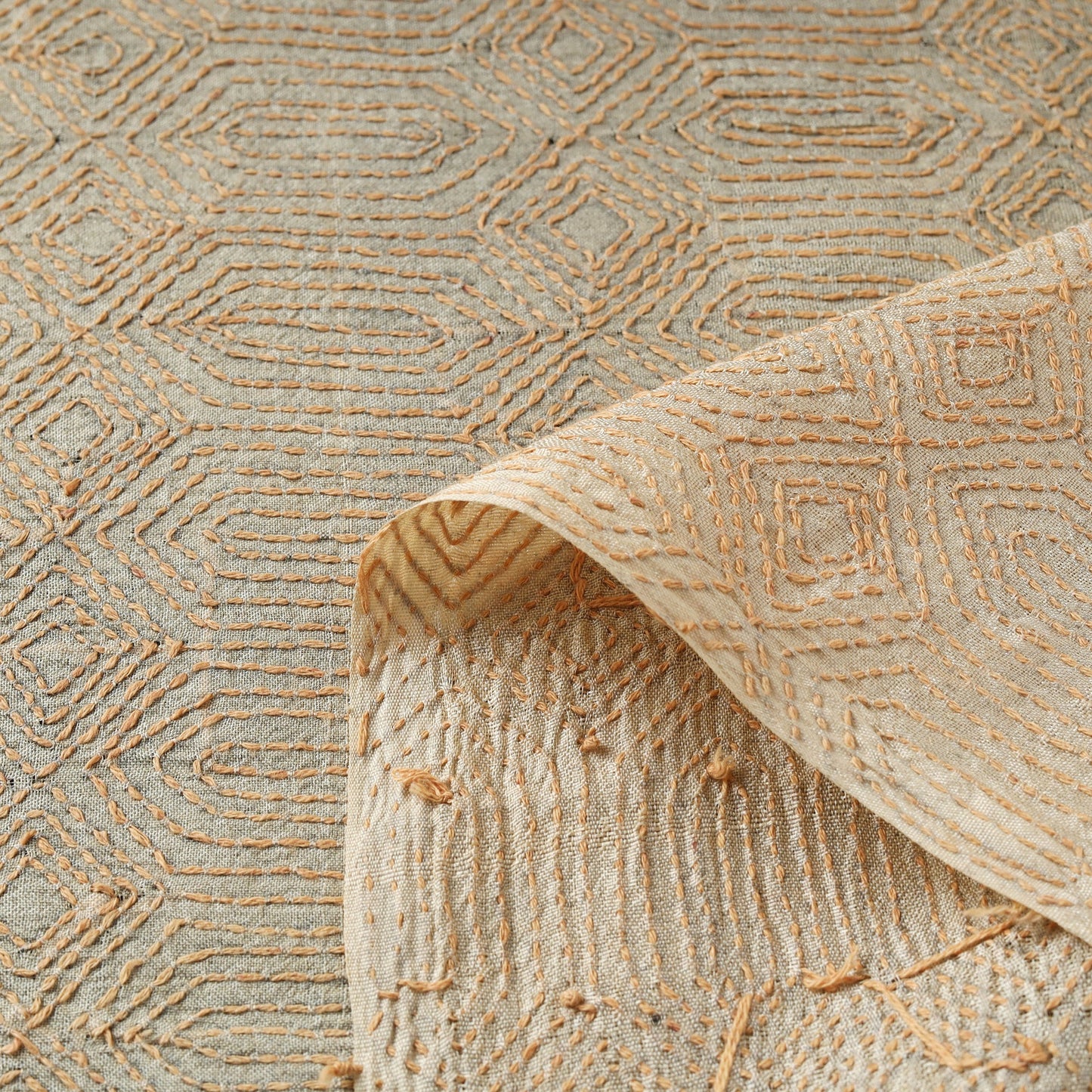 Beige - handwoven pure tussar silk kantha work fabric 12