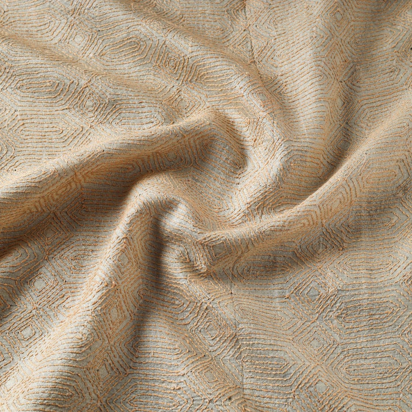 Beige - handwoven pure tussar silk kantha work fabric 12