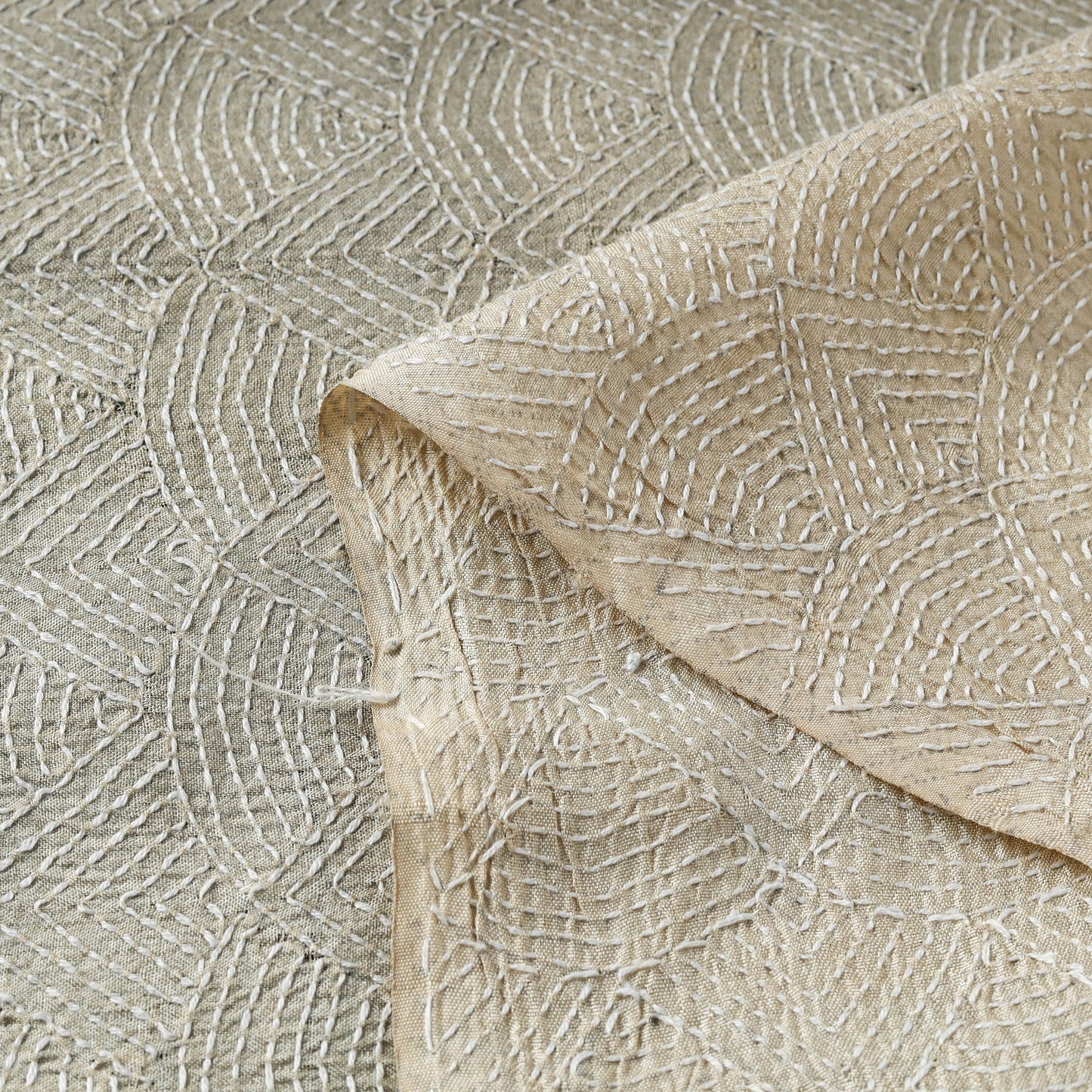 Beige - handwoven pure tussar silk kantha work fabric 13