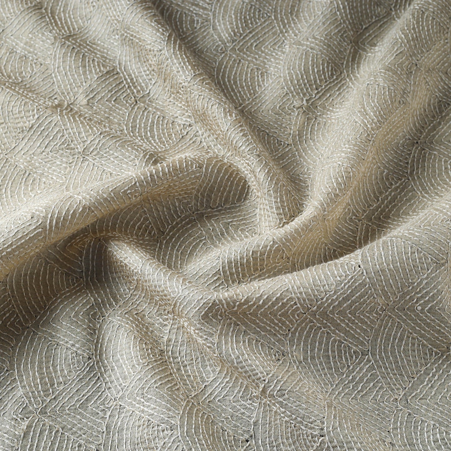 Beige - handwoven pure tussar silk kantha work fabric 13