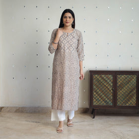 Beige Handwoven Wool Pedana Kalamkari Print Kurta For Women