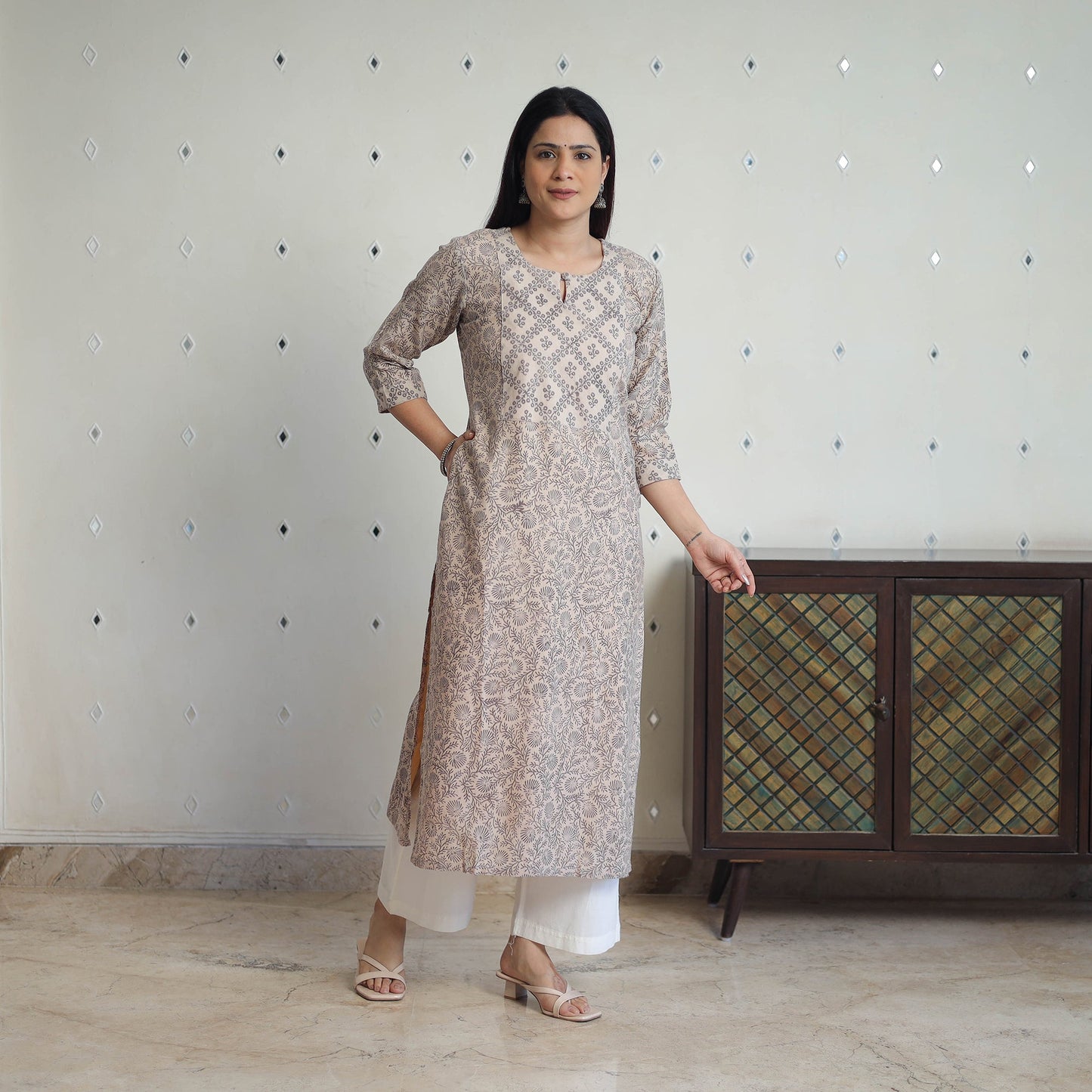 Beige Handwoven Wool Pedana Kalamkari Print Kurta For Women