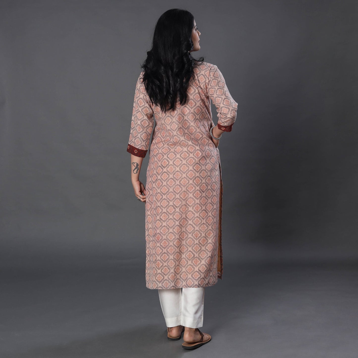 Beige Handwoven Wool Pedana Kalamkari Print Kurta For Women