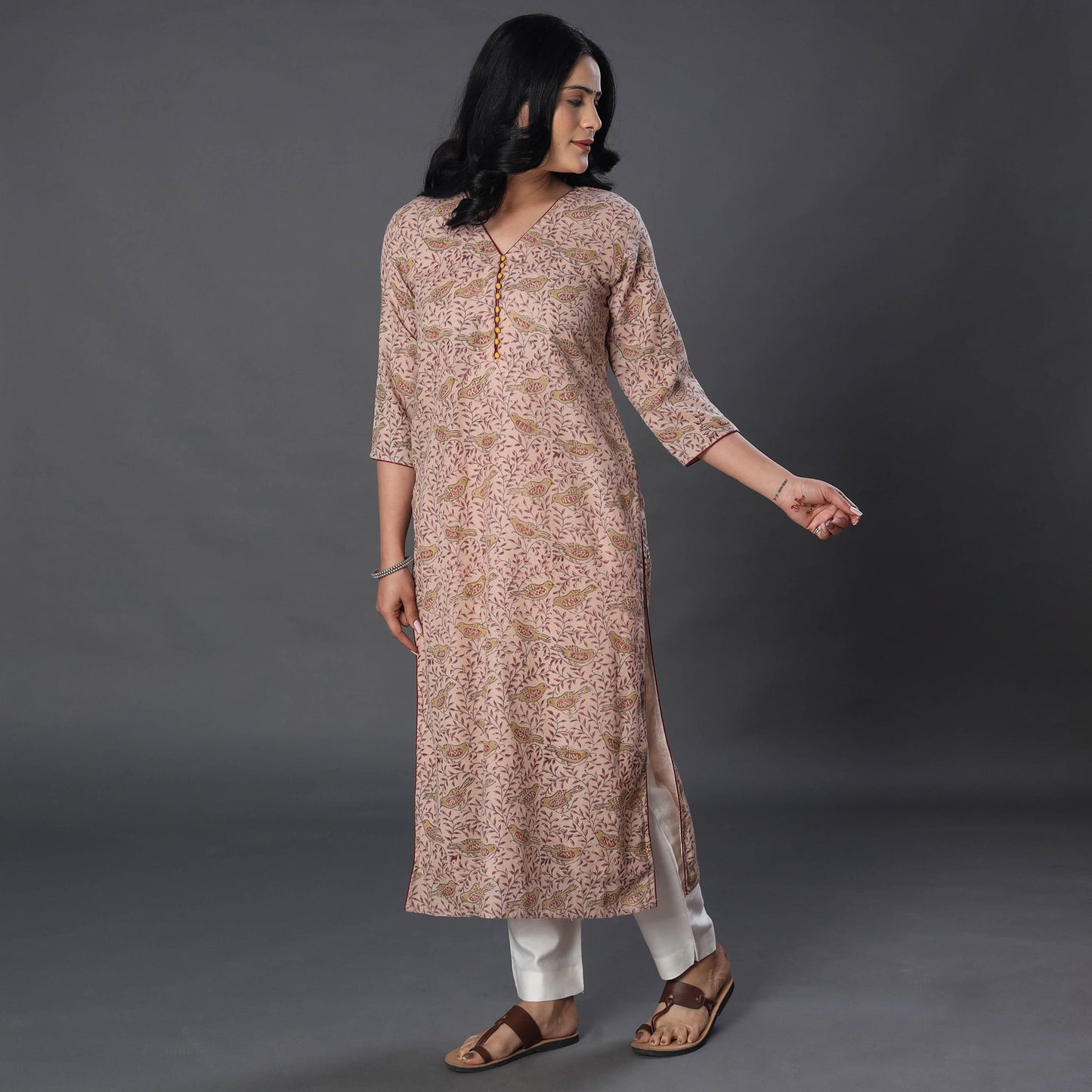 Beige Handwoven Wool Pedana Kalamkari Print Kurta For Women