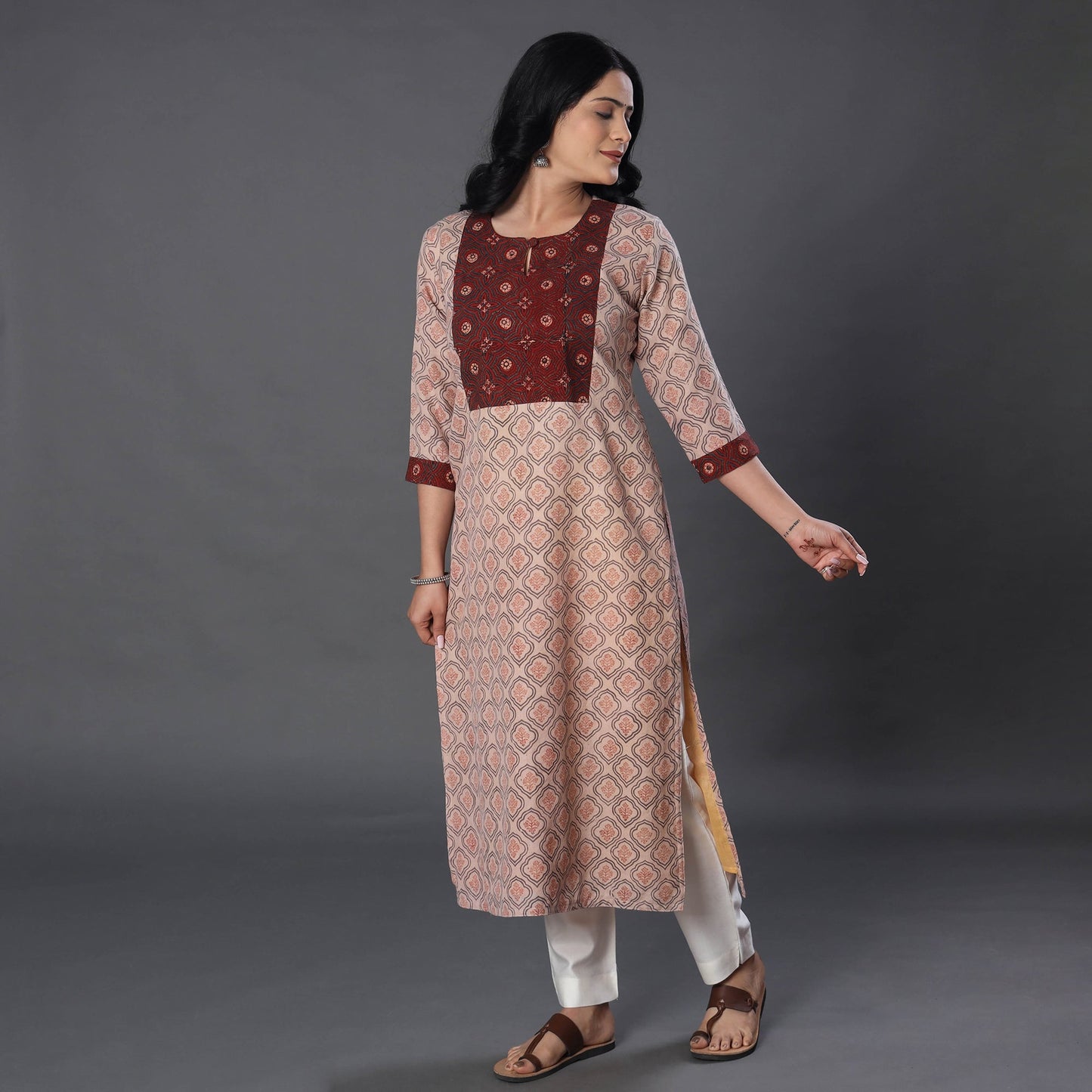 Beige Handwoven Wool Pedana Kalamkari Print Kurta For Women