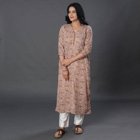 Beige Handwoven Wool Pedana Kalamkari Print Kurta For Women