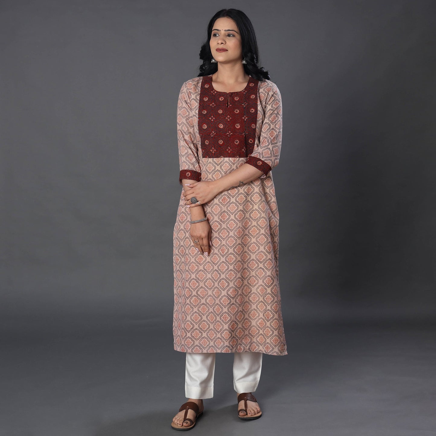 Beige Handwoven Wool Pedana Kalamkari Print Kurta For Women