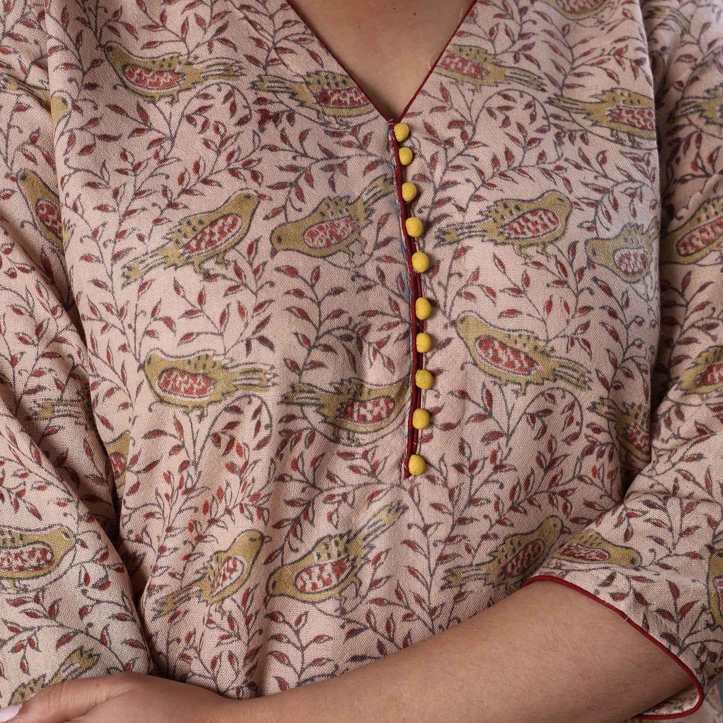 Beige Handwoven Wool Pedana Kalamkari Print Kurta For Women