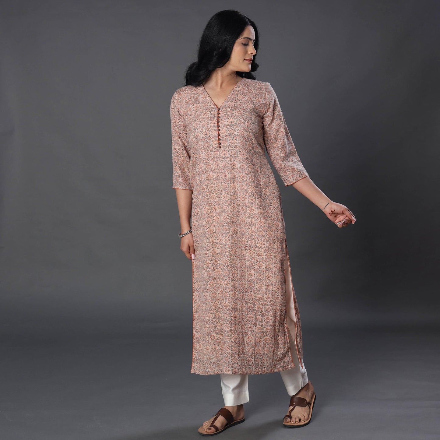 Beige Handwoven Wool Pedana Kalamkari Print Kurta For Women