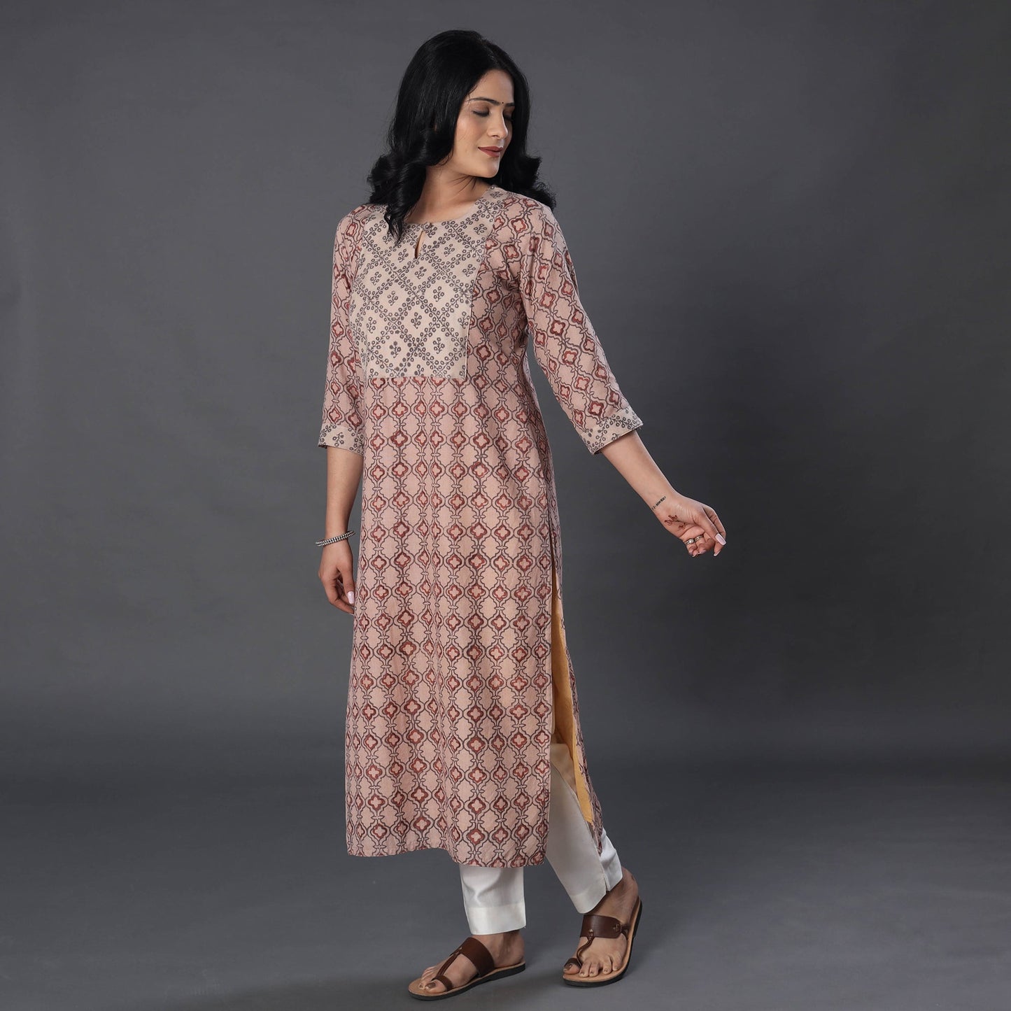 Beige Handwoven Wool Pedana Kalamkari Print Kurta For Women