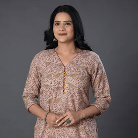Beige Handwoven Wool Pedana Kalamkari Print Kurta For Women