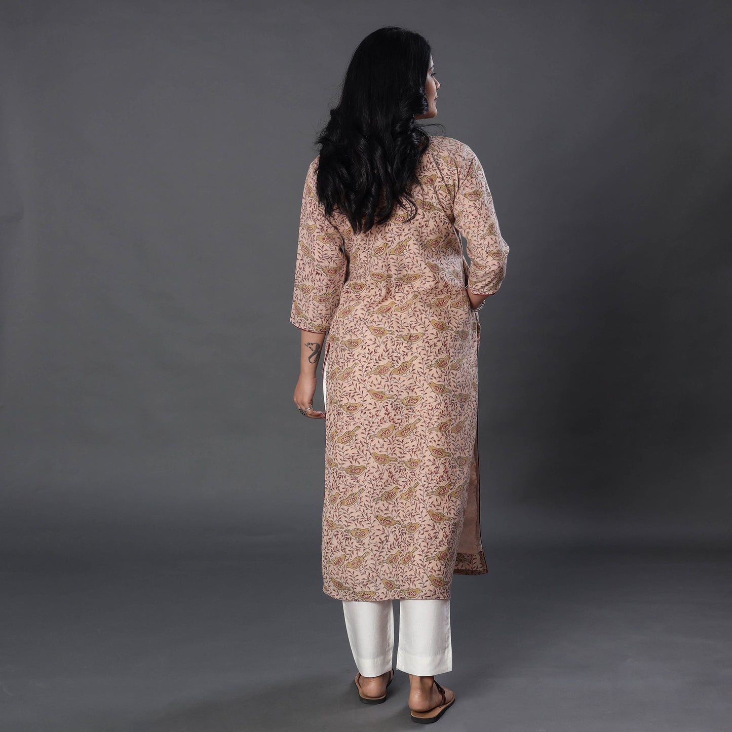 Beige Handwoven Wool Pedana Kalamkari Print Kurta For Women