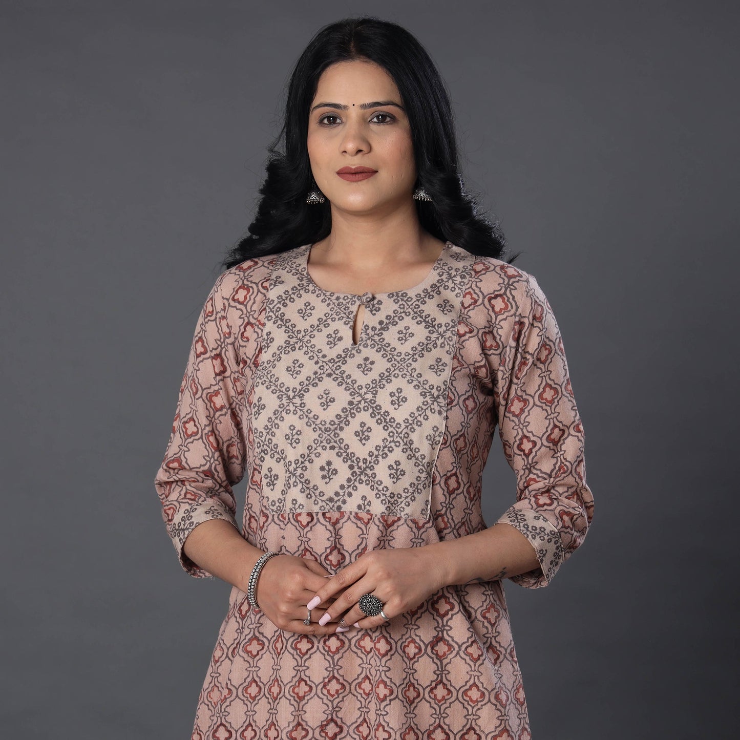 Beige Handwoven Wool Pedana Kalamkari Print Kurta For Women