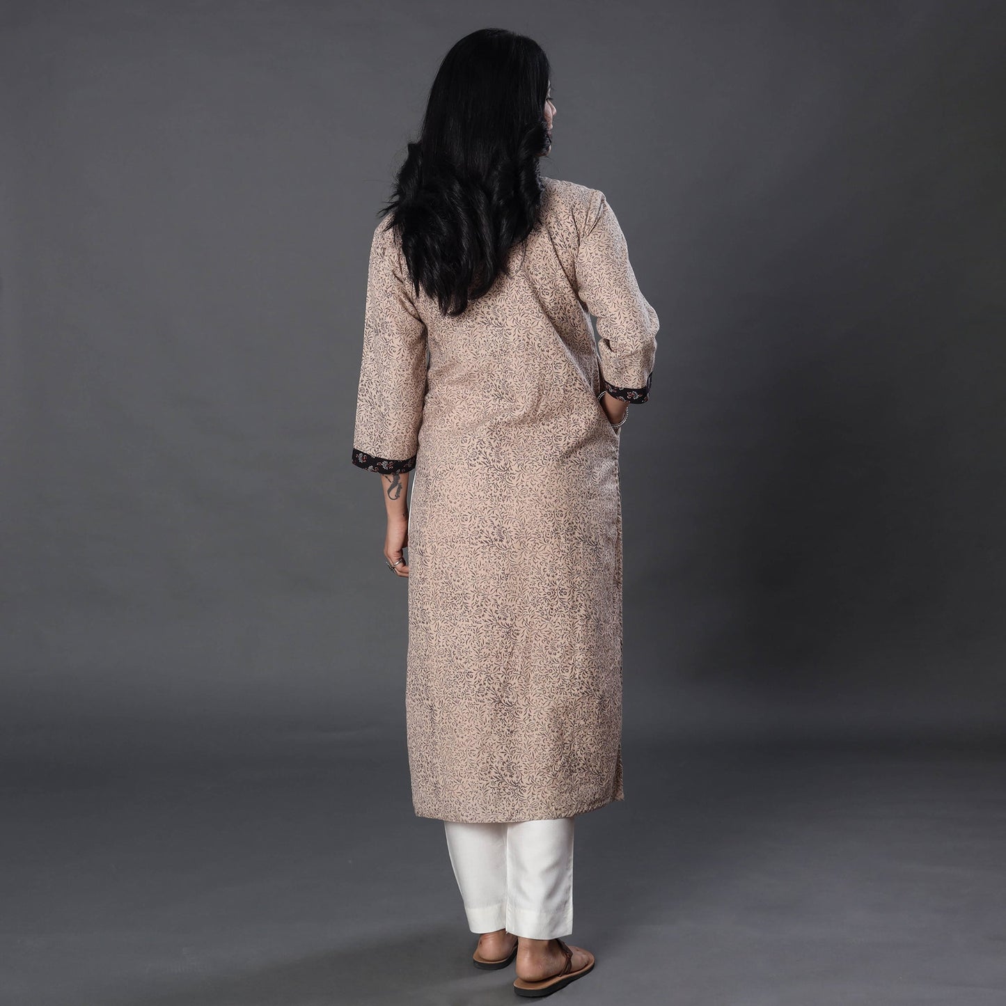 Beige Handwoven Wool Pedana Kalamkari Print Kurta For Women