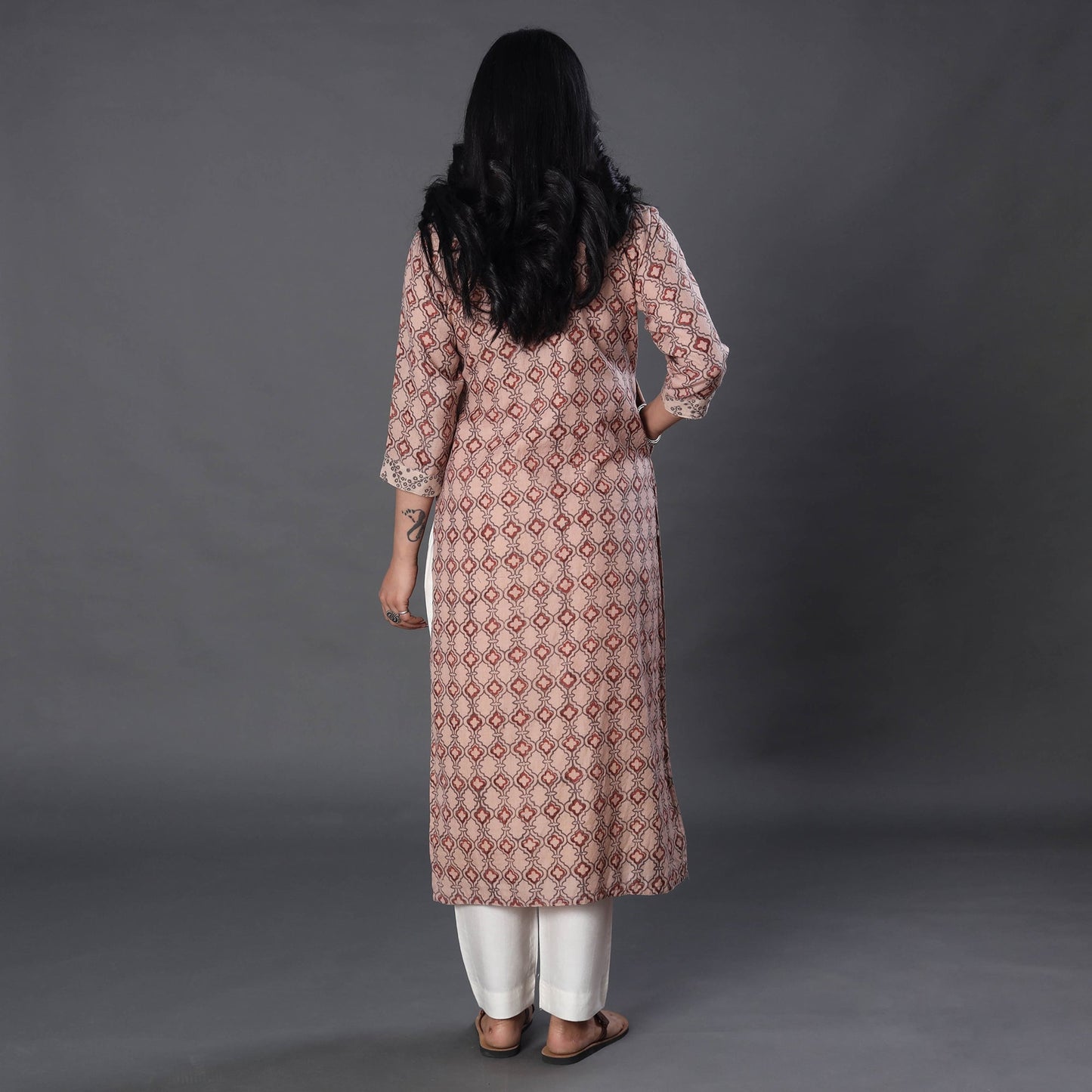 Beige Handwoven Wool Pedana Kalamkari Print Kurta For Women