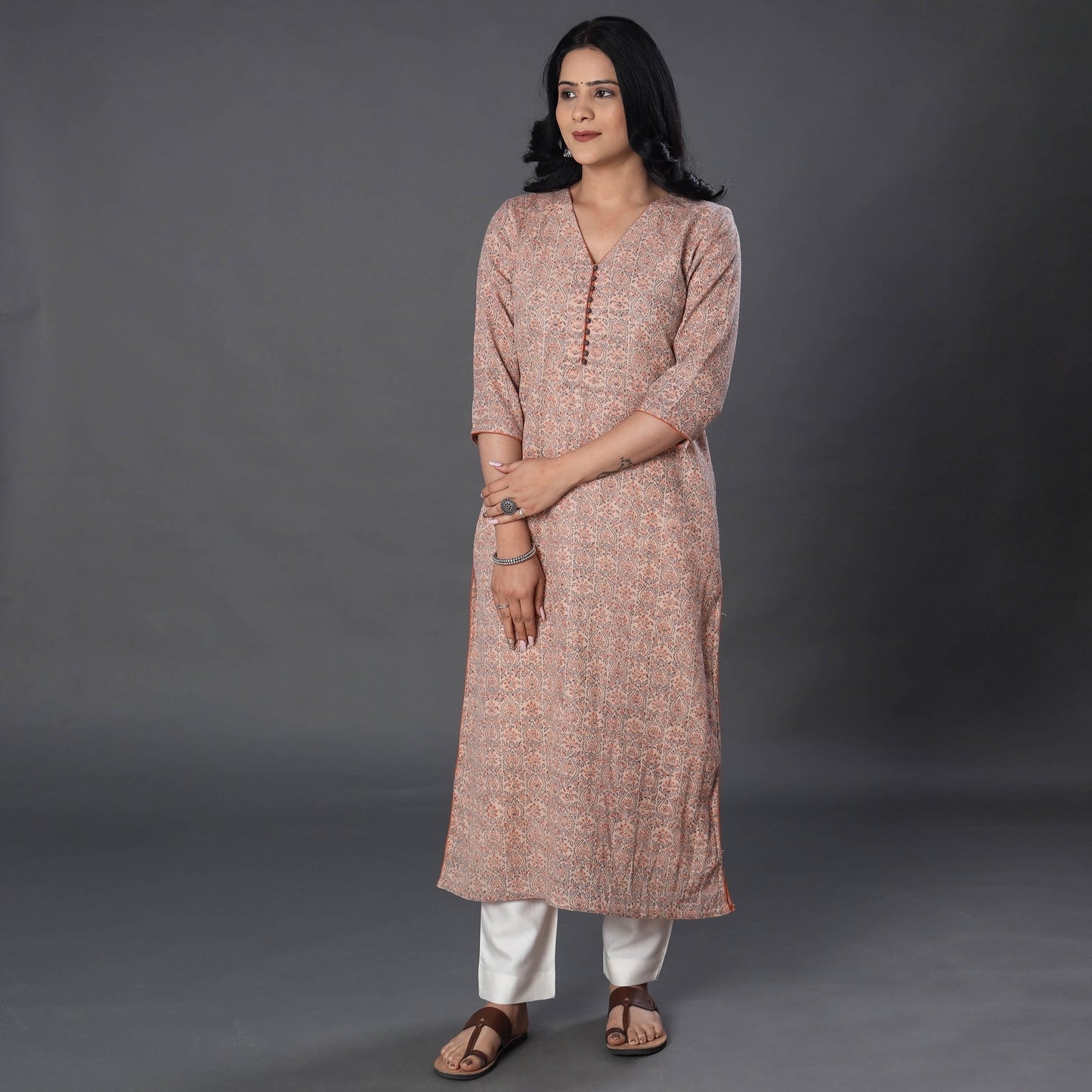 Beige Handwoven Wool Pedana Kalamkari Print Kurta For Women