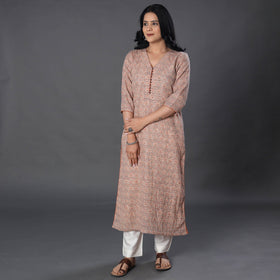 Beige Handwoven Wool Pedana Kalamkari Print Kurta For Women