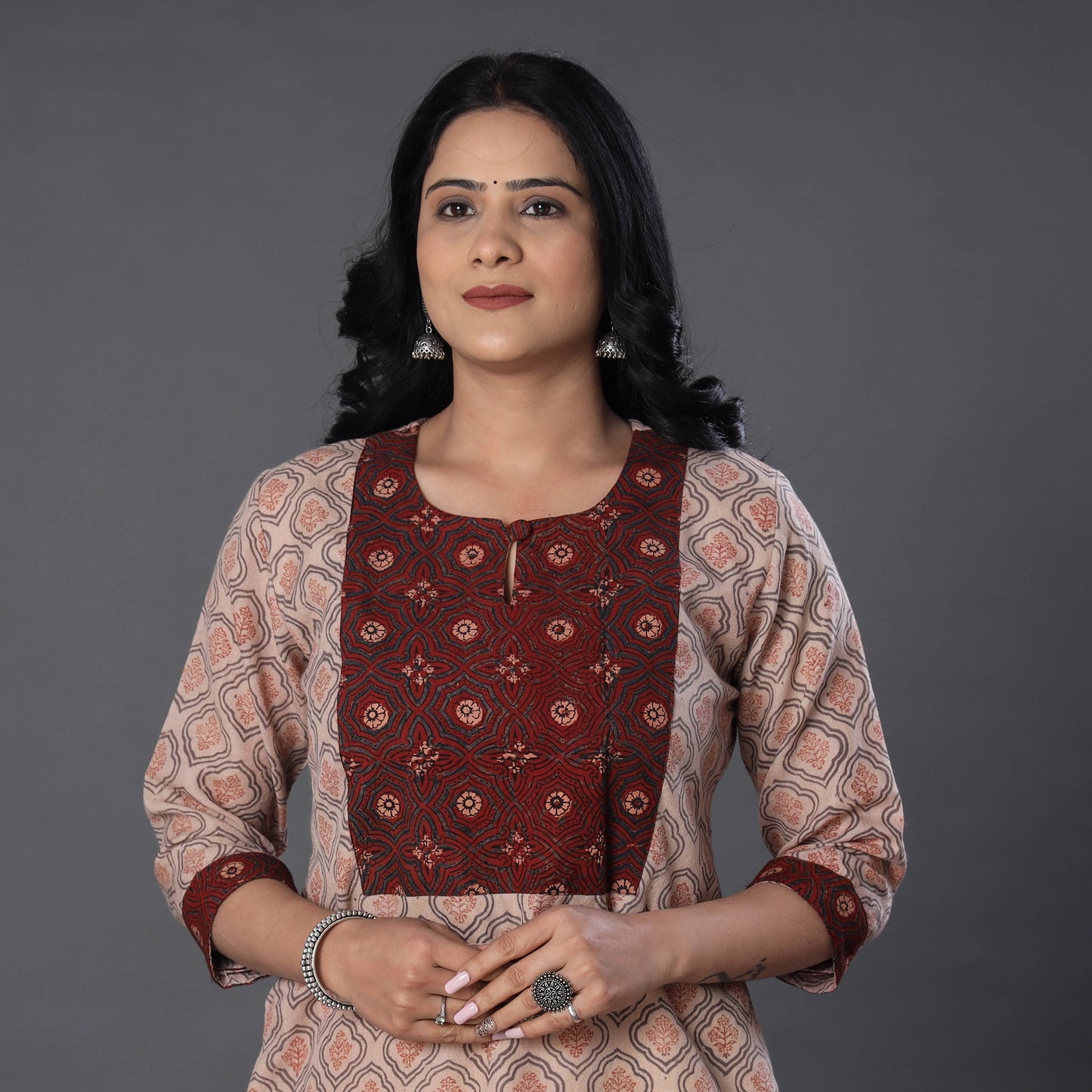 Beige Handwoven Wool Pedana Kalamkari Print Kurta For Women