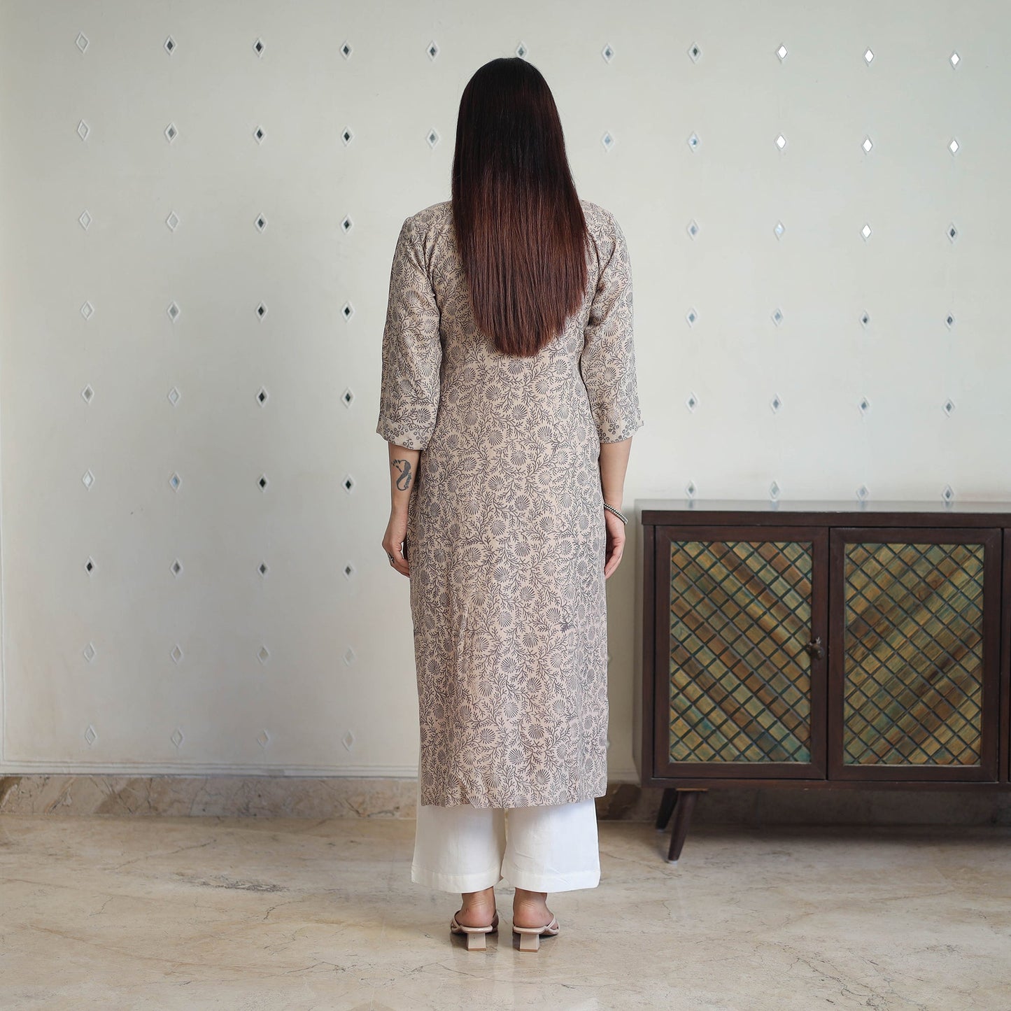 Beige Handwoven Wool Pedana Kalamkari Print Kurta For Women