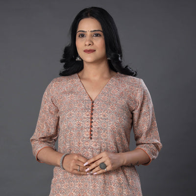 Beige Handwoven Wool Pedana Kalamkari Print Kurta For Women
