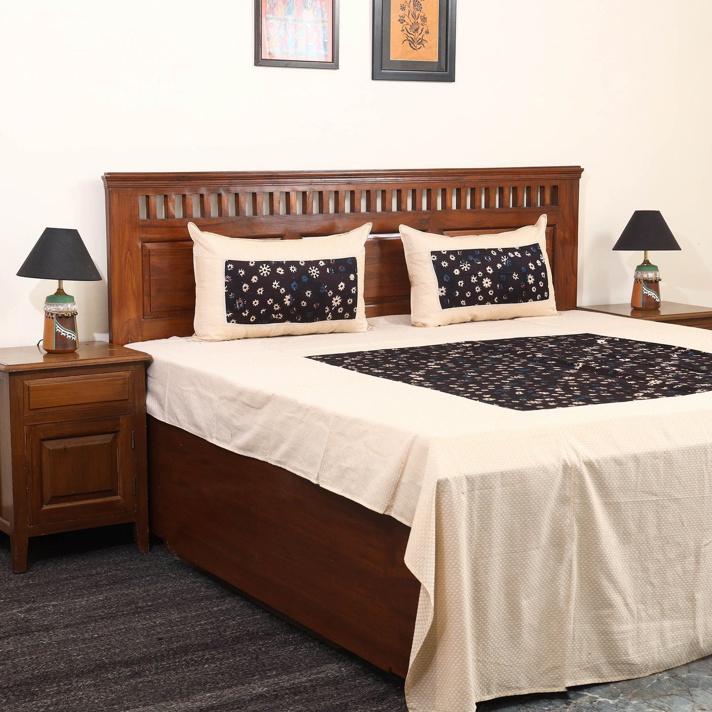 Beige Jacquard with Ajrakh Modal Silk Patch Cotton Bedsheet Set